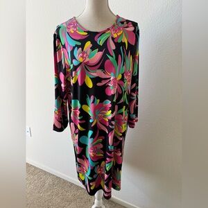 Trina Turk Black Midi Dress with Pink Teal & Yellow Floral Print